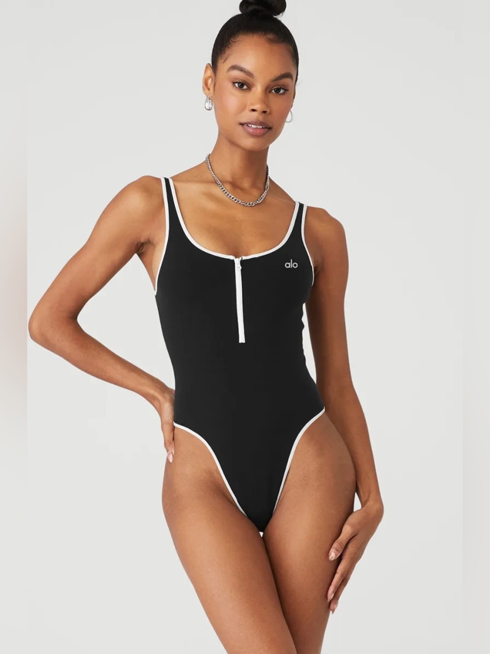 Alo Yoga Supernova Zip Front Bodysuit Black/White